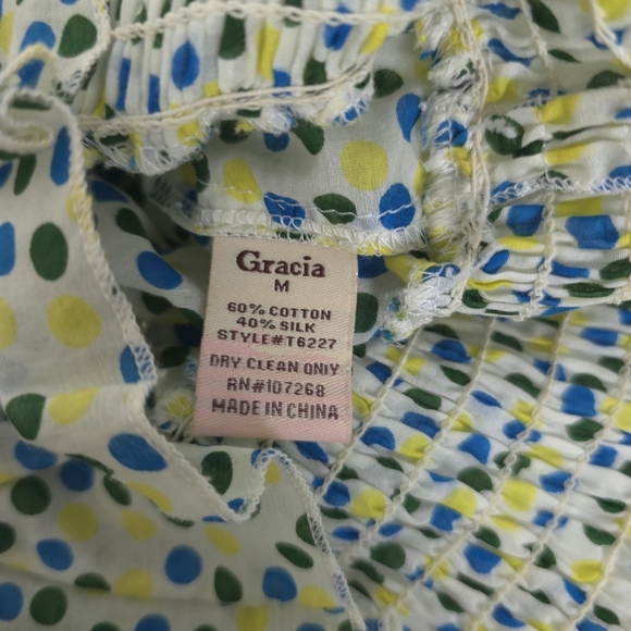 Gracia Silk Cotton Blend Gathered Waist Polkadot Light weight Blouse Small - Picture 11 of 11